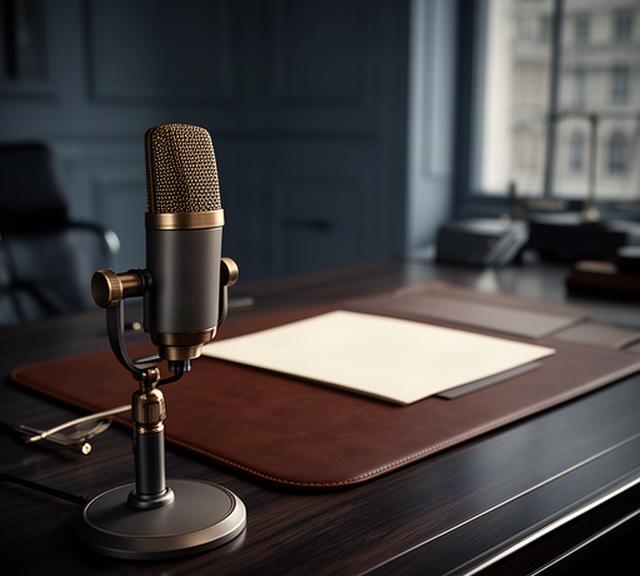 Studio microphone, leather desk pad and legal papers arranged in a refined London office